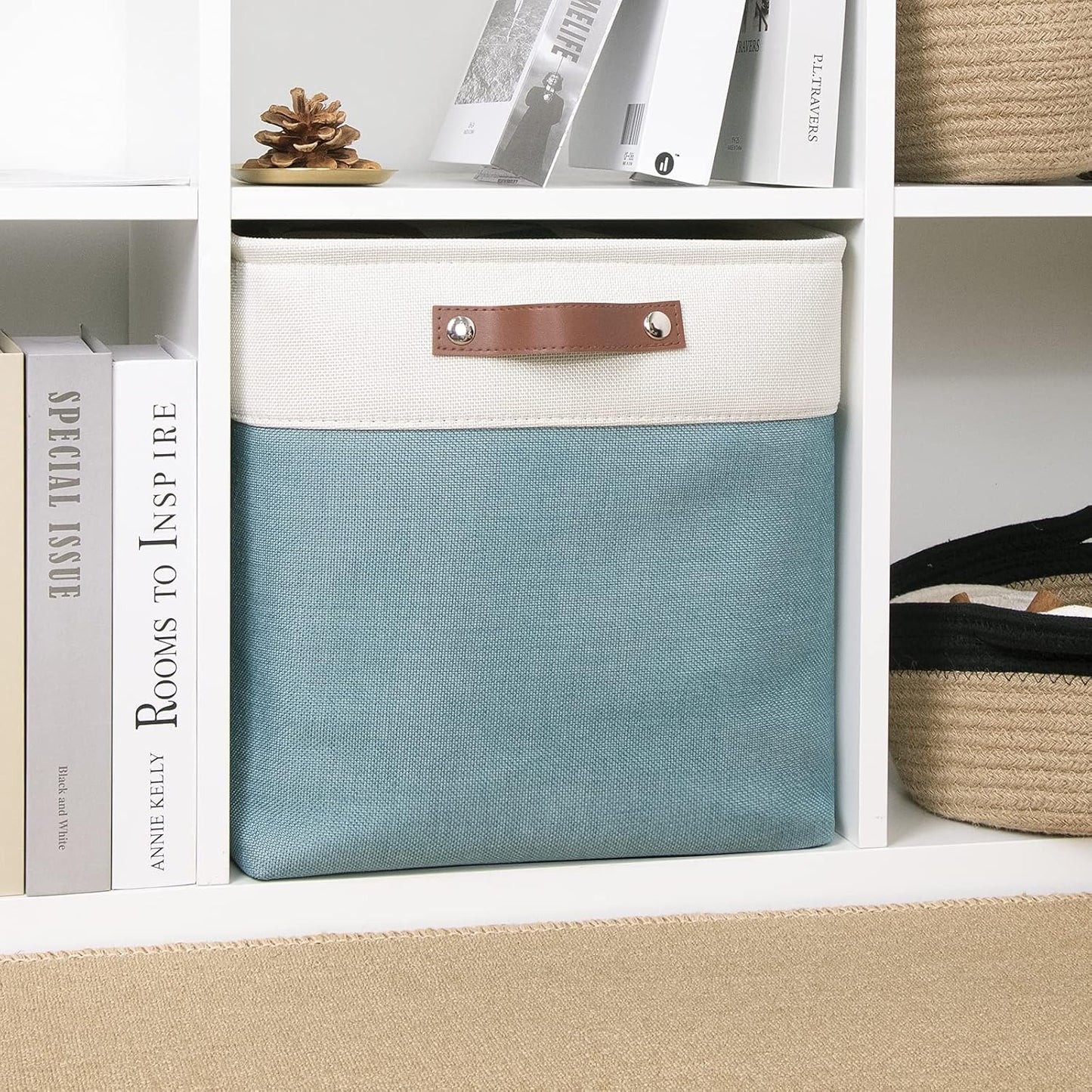 DULLEMELO Cube Basket for Storage, Collapsible Fabric Cube for Organizing, Storage Cube for Closet, Laundry, Nursery, Shelves, Decorative Basket for Gifts Empty (White&Teal)