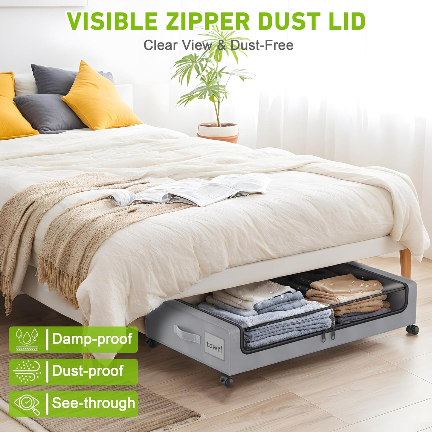 Under Bed Storage with Wheels, 4-Pack Under the Bed Storage Containers with Clear Lids & Label, Underbed Storage Bins, XXL 60L Rolling Metal Drawer for Clothes, Shoes, Toys, Books - Gray