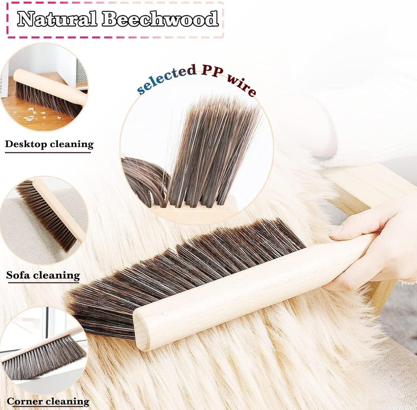 6Pcs Hand Broom Brush Beech Wood,Dust Brush,Duster for Counter,12inch Foxtail Bench Brush, Round Handle Handheld Brushes,5 Rows Soft Bristles for Bed,Shop Table,Woodworking Cleaning,Car,Sofa