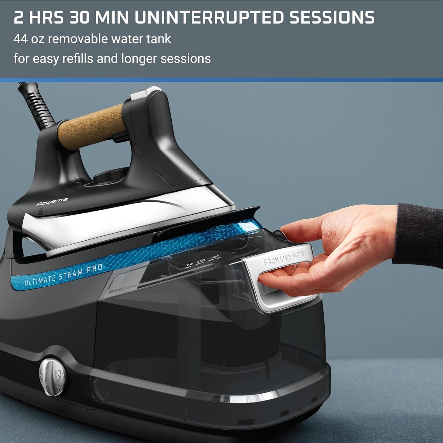 Rowenta, Iron, Ultimate Steam Pro Stainless Steel Soleplate Professional Steam Station for Clothes, 1800 Watts, 1.3L Removable Tank, Boiler Technology, Fast Heat Up, Black Clothes Iron, DG8668