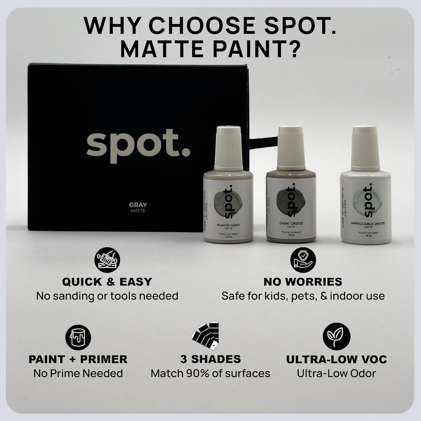 spot. Touch-Up Paint | Matte Finish for Cabinets, Walls, Doors & Furniture | Multi-Tone Gray Repair Kit | Quick-Dry, Self-Priming, Low-Odor, Eco-Friendly | No-Sanding or Primer Needed | 3 Pack
