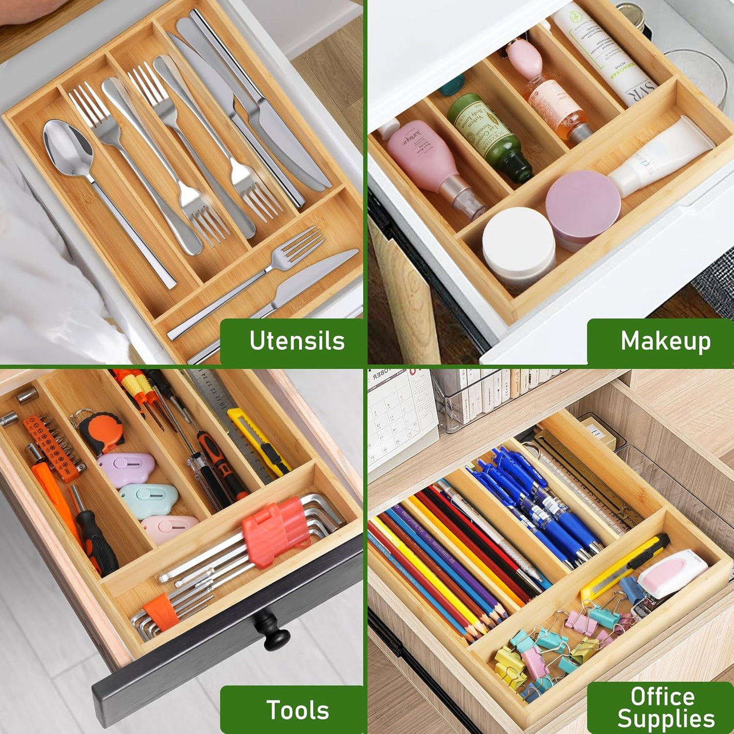 LotFancy Bamboo Kitchen Drawer Organizer, 9.5 Inch Silverware Tray for Small Drawer, Utensil Organizer for Cutlery, Fork, Spoon Storage (5 Slots, Natural)