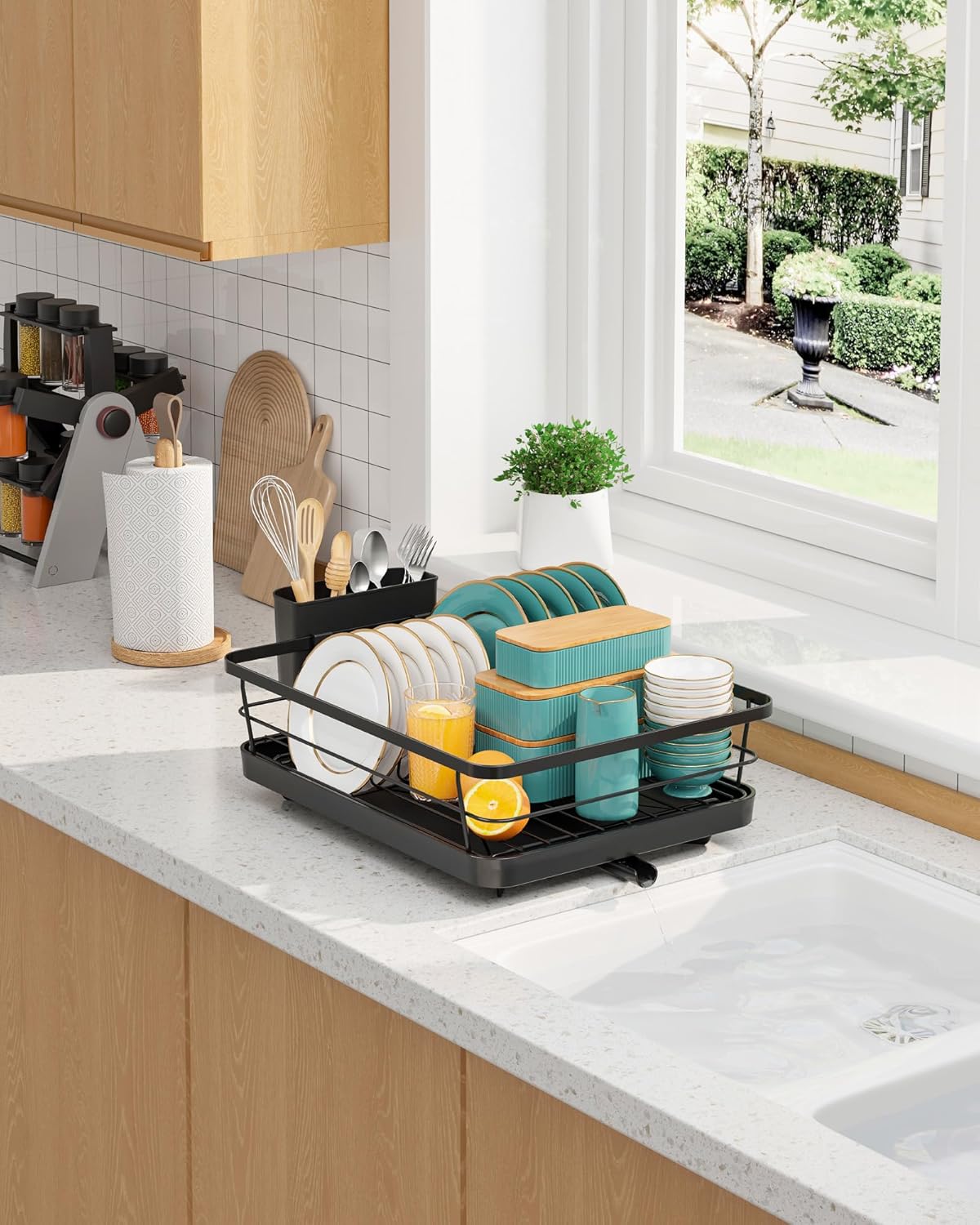 Stainless Steel Dish Drying Rack for Kitchen Counter, Sink Organization and Storage Essentials with Silverware & Utensil Holder, Home and Apartment Decor, 12''W x 15.6''L, Black