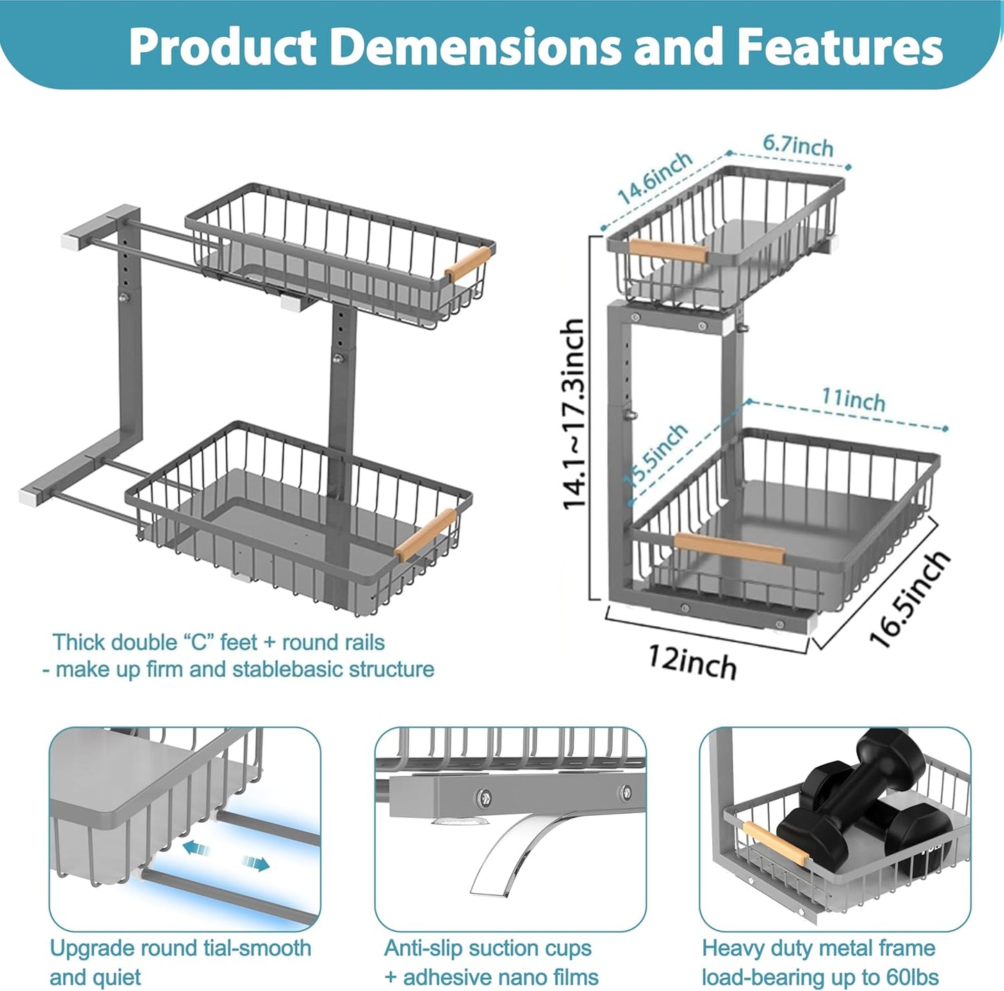 Under Sink Organizer Storage 2 Pack, 2 Tier Slide Out Height Adjustable Pull Out Cabinet Organizer Drawer for Kitchen Bathroom Large Under Sink Shelf Rack Caddy for Pantry, Grey