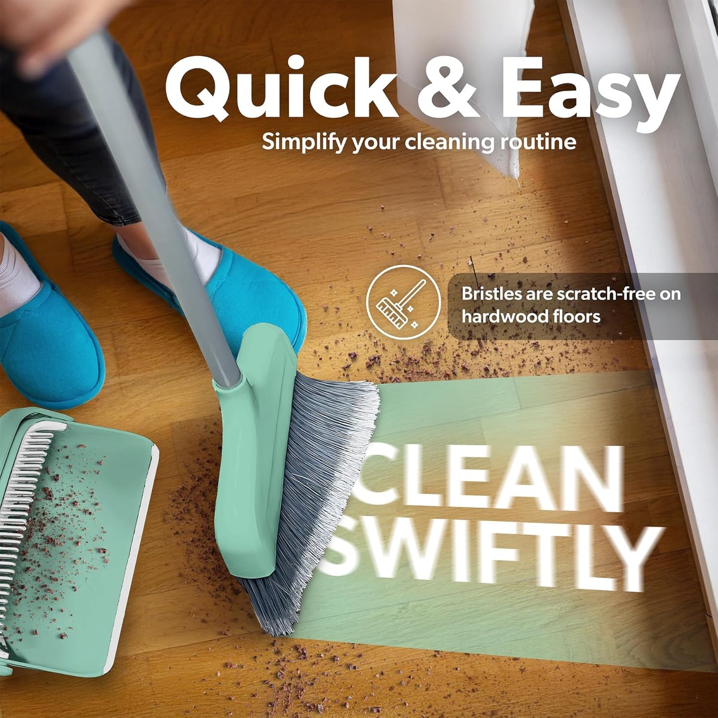 BLACK+DECKER Butler Broom & Dustpan Set - Short Handle, Stand-Up Design - Lightweight, Space-Saving Combo for Kitchen, Living Room, Bathroom, Lobby Floors - Home Cleaning Essential, Teal/Grey