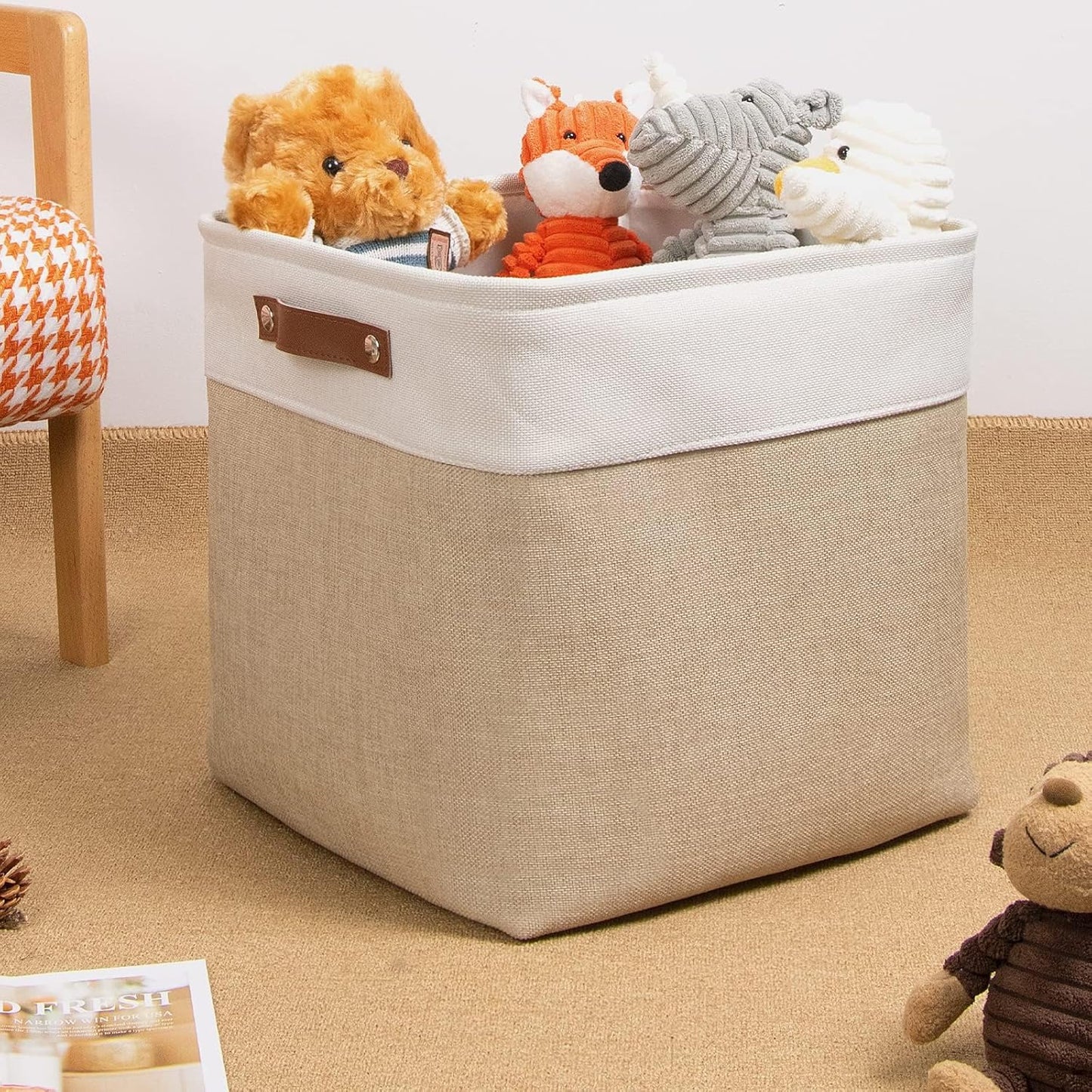 DULLEMELO Cube Storage Bin 13x13,Collapsible Fabric Storage Cube for Organizing,Cubby Storage Basket for Shelves,Closet,Laundry,Nursery,Toys,Clothes (White&Khaki)