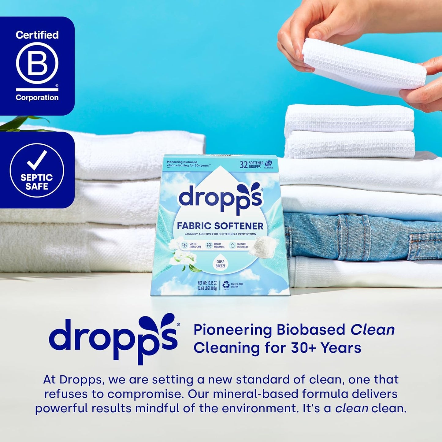 Dropps Laundry Fabric Softener Pods, Crisp Breeze (32 Pods) - Laundry Additive for Softening & Protection - HE Compatible Mineral Based Ingredients Laundry Supplies