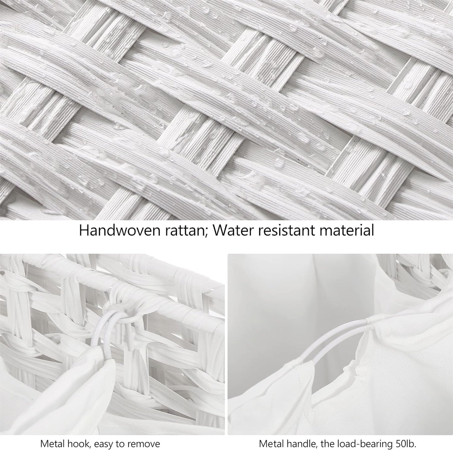 Laundry Hamper with 3 Removable Liner Bags; 132L Handwoven Rattan Laundry Basket with Lid & Heightened Feet; Clothes Hamper with Side Handles; Laundry Sorter with 3 Separate Sections (White)