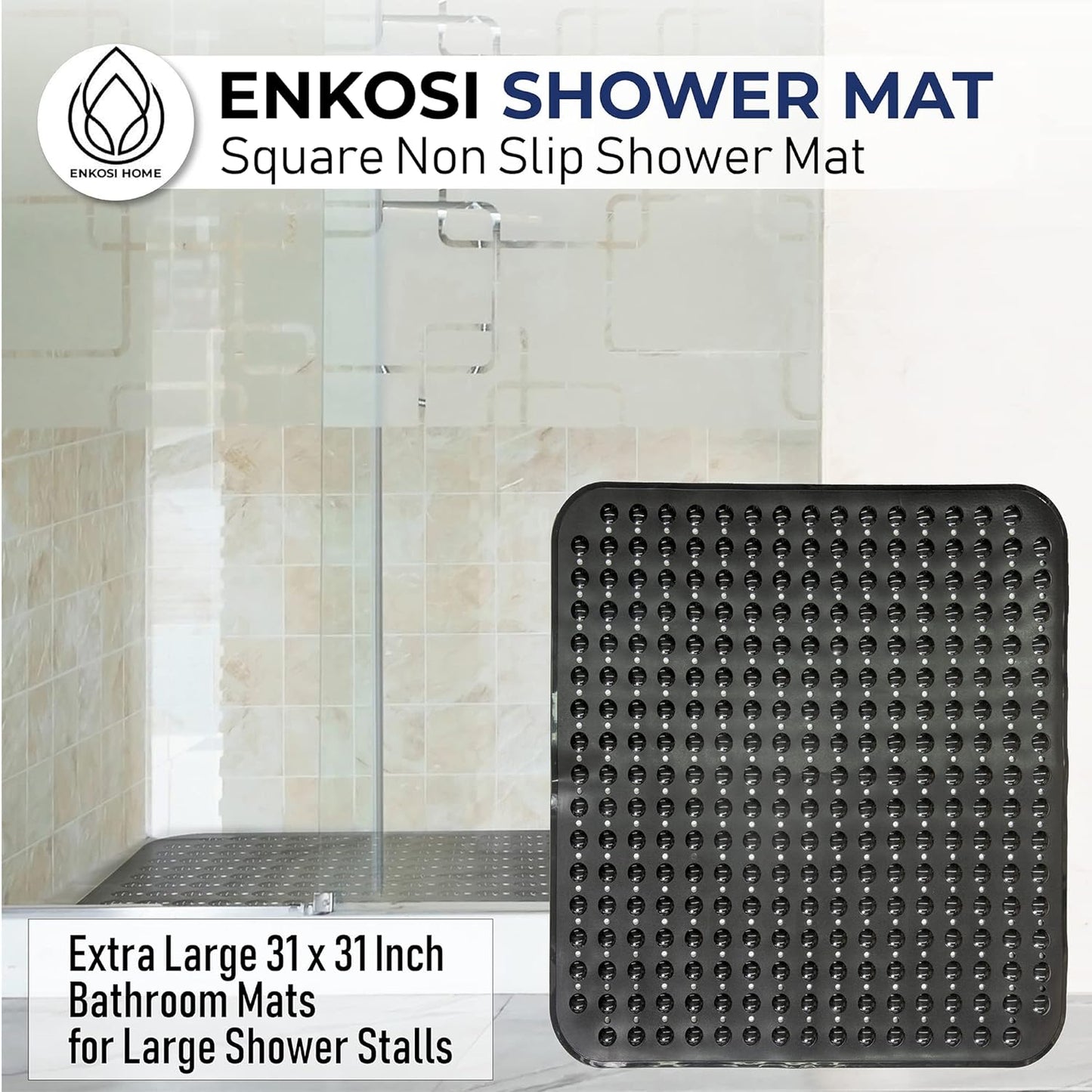 ENKOSI Extra Large Square Non Slip Shower Mat - 31 x 31-inch XL Bathroom Shower Mat - Square Shower Matts for Shower Stall Floors | Secure Suction Cups and Drain Holes (31x31 Black)