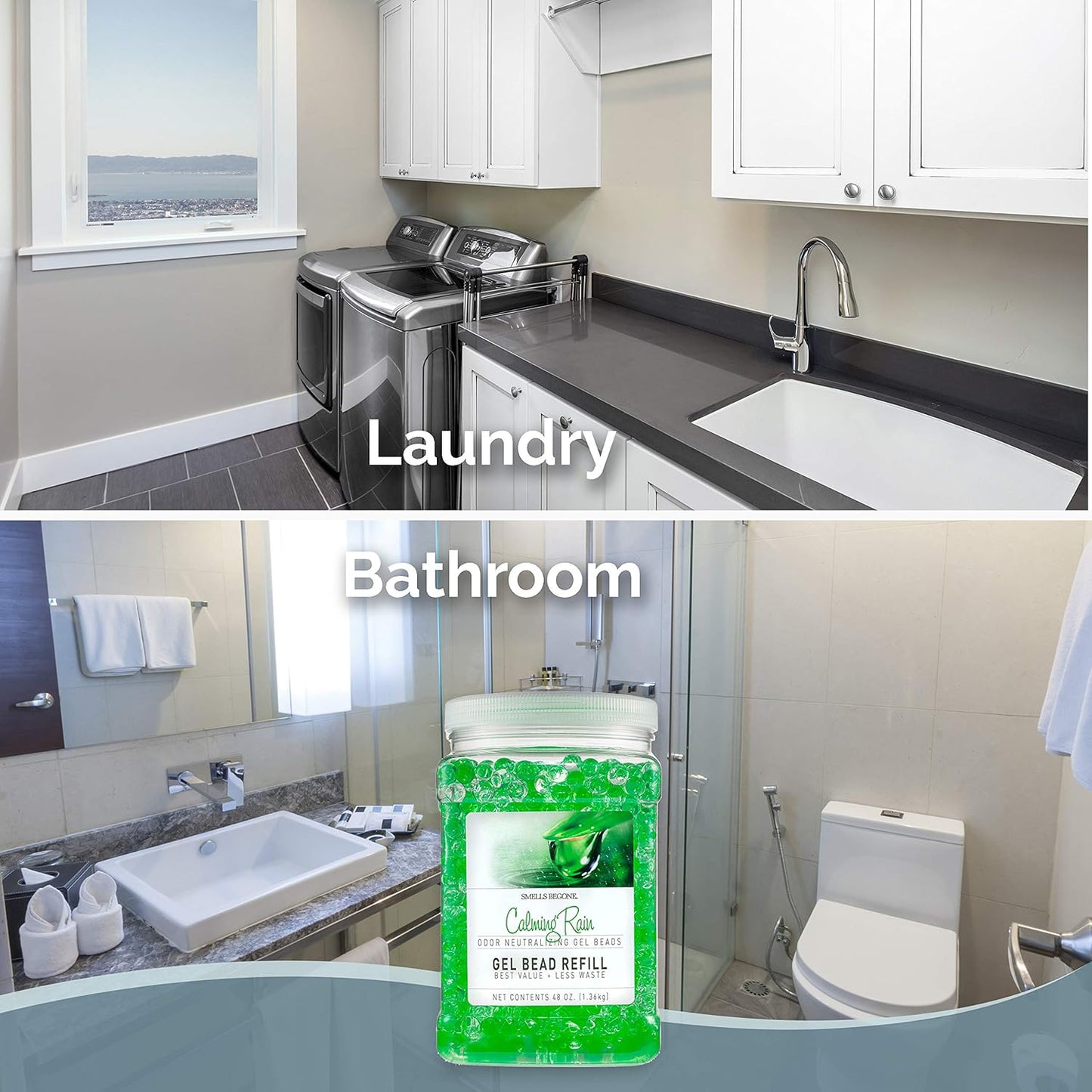 SMELLS BEGONE 48 oz Odor Eliminator Gel Bead Refill - Odor Eliminator for Bathrooms, Cars, Boats, RVs & Pet Areas - Made with Essential Oils - Calming Rain Scent