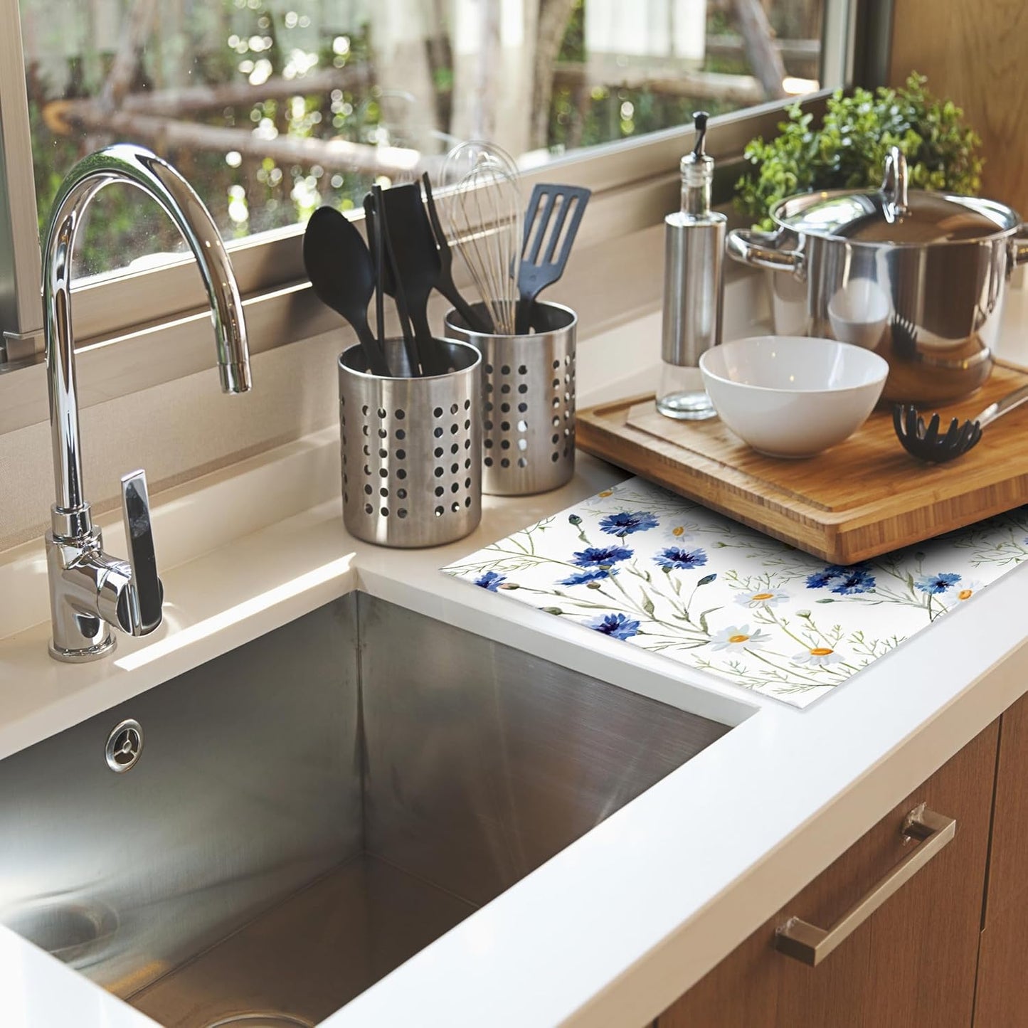 Wildflowers Dish Drying Mat,Watercolor Poppy Cornflower Drying Rack Pad Countertop Dishes Ultra Absorbent Microfiber Kitchen Counter Mat for Coffee Countertop Decor 18x24 Inch