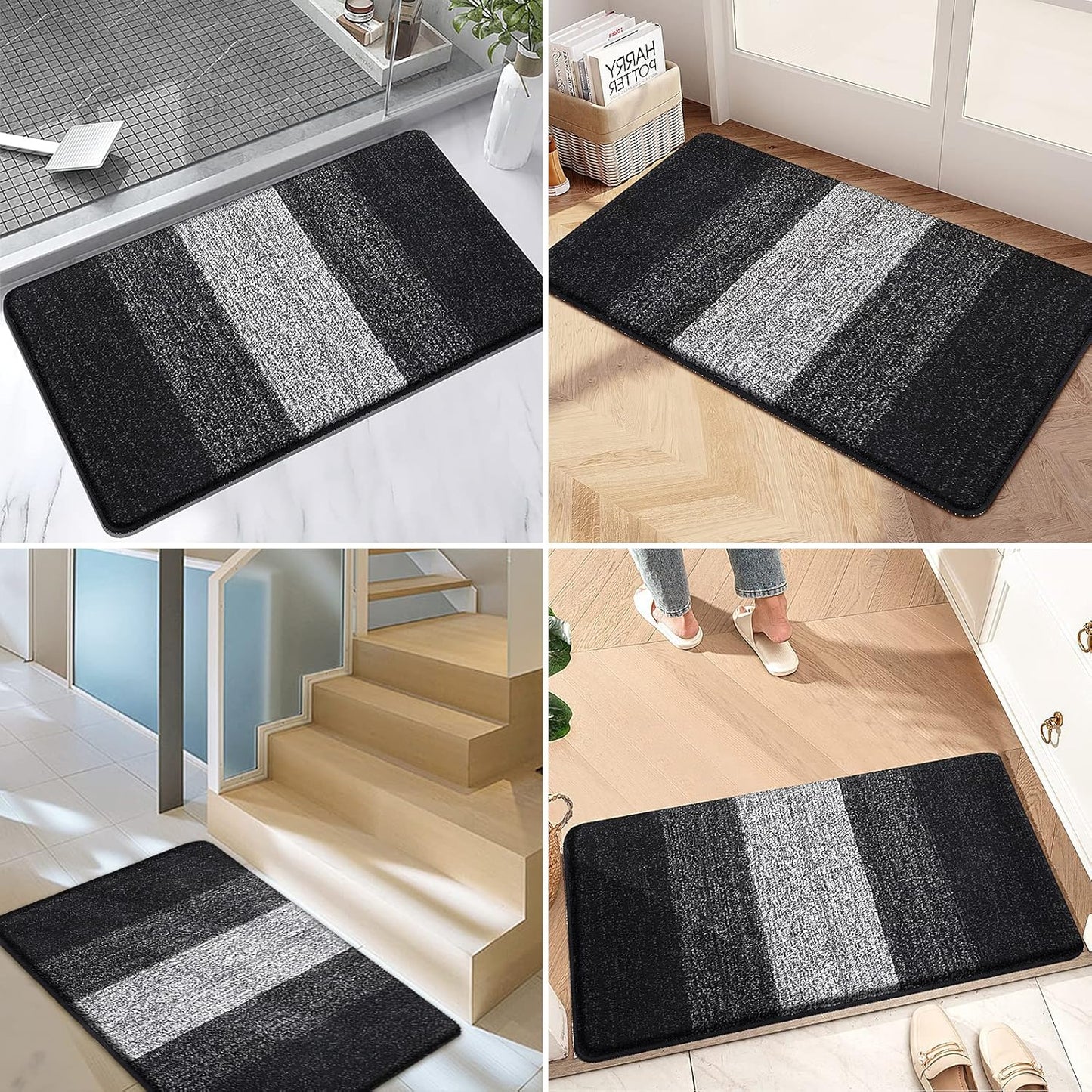 Kitinjoy Indoor Outdoor Door Mat, 59x20 Non-Slip Absorbent Dirt Trapper, Low-Profile Washable Inside Entrance Front Floor Mat, Sturdy Soft Entry Doormats for Entryway, Black