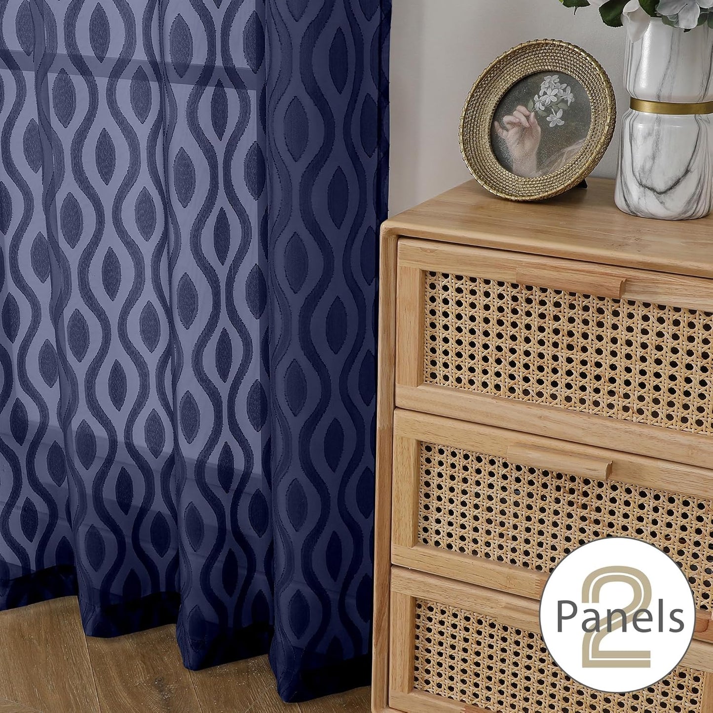 Aiyufeng Blue Sheer Curtains 54 Inch Length 2 Panels, Soft Lightweight Clip Jacquard Textured Sheer Curtain Panels, Modern Wavy Line Voile Sheer Curtains for Bedroom Living Room, 40" Wx54 L Inches