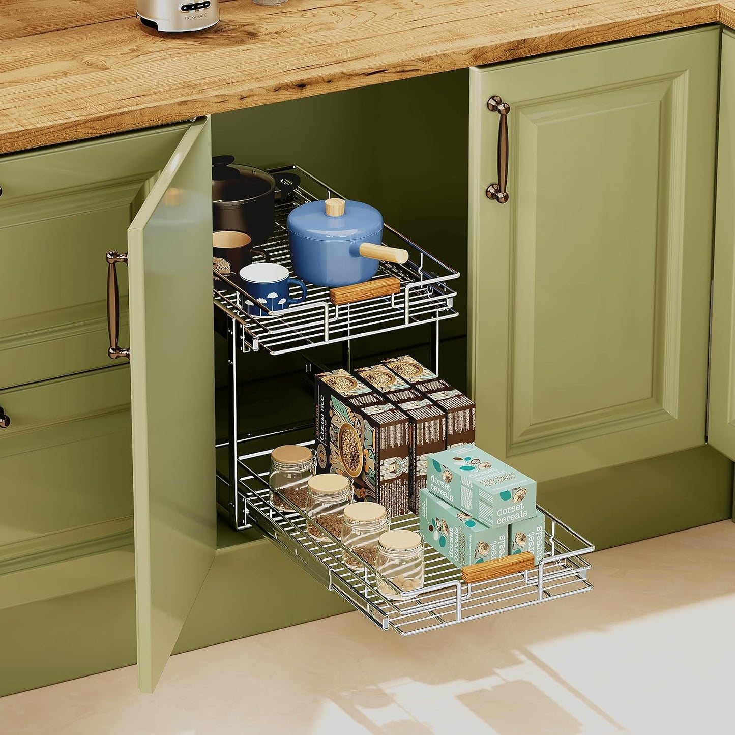 Pull Out Cabinet Organizer(11" W x 21" D), 2 Tier Wire Basket Slide Out Shelf Storage with Wood Handle, Pull Shelf Drawers for 12-1/4” Cabinet Opening, Chrome