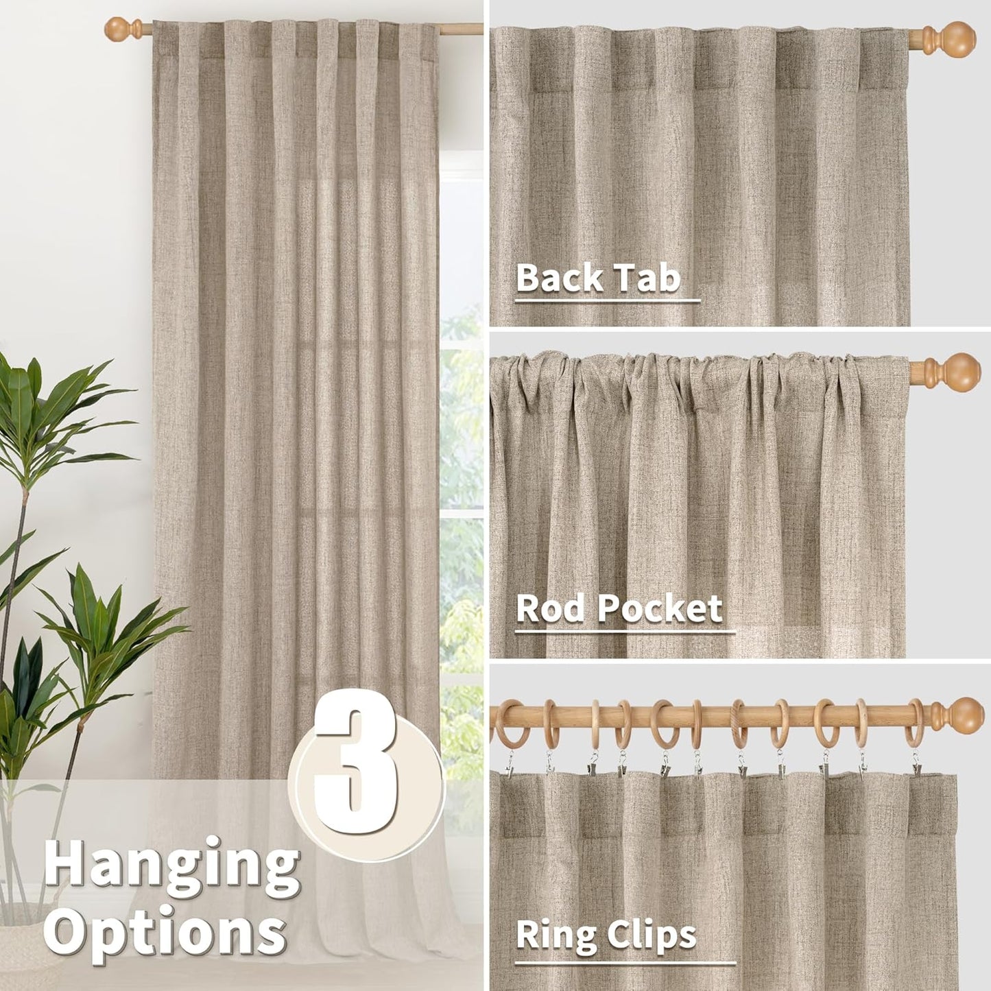YoungsTex Dark Oatmeal Linen Curtains 63 Inch Length for Living Room, Light Filtering Semi Sheer Window Drapes Rod Pocket Back Tab Curtain for Bedroom, 2 Panels, 42 X 63 Inch