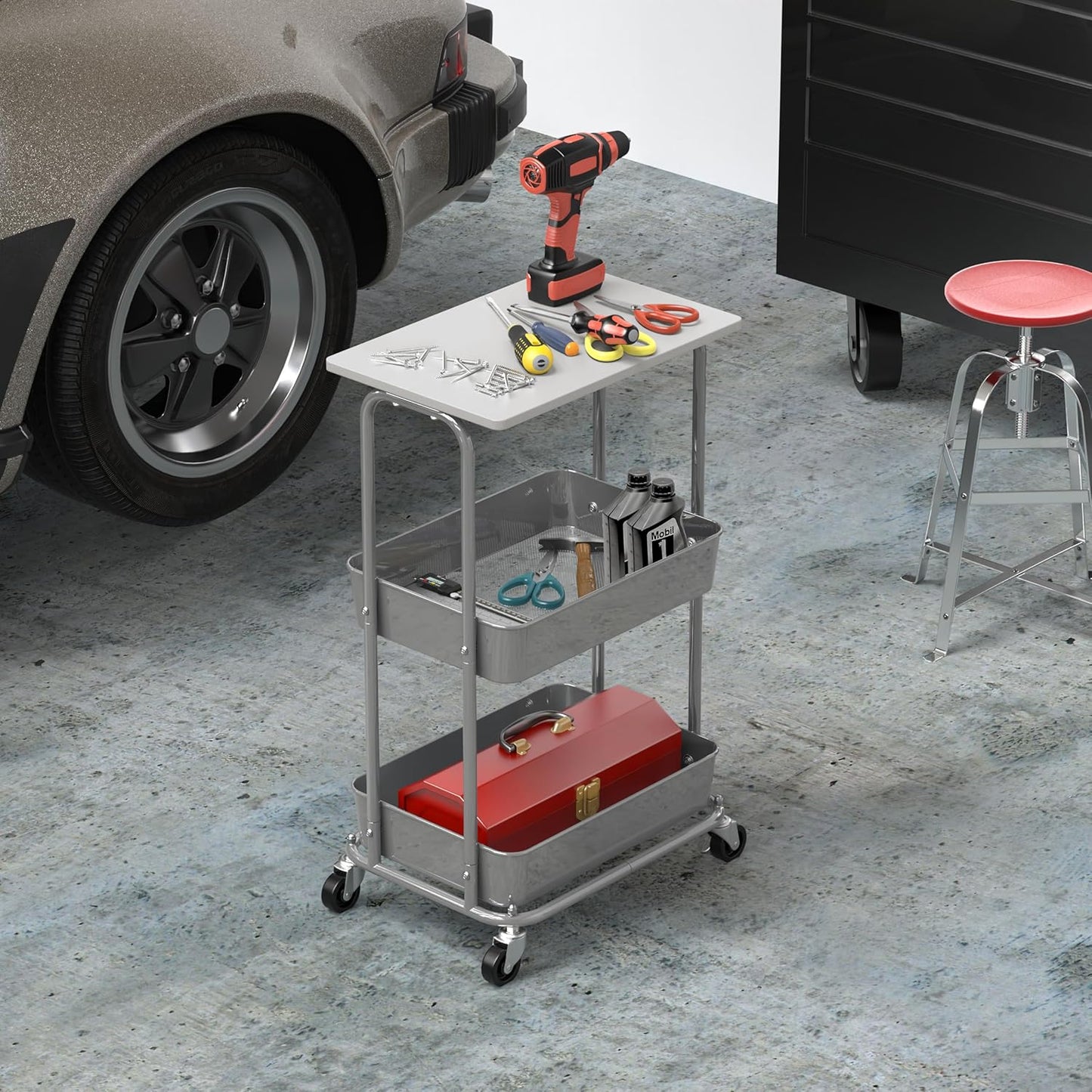 Simple Houseware 2-Tier Rolling Utility Cart with Lockable Wheels and Wood Top, Metal Storage Organizer Trolley for Kitchen, Bathroom, Office, Craft Room, White