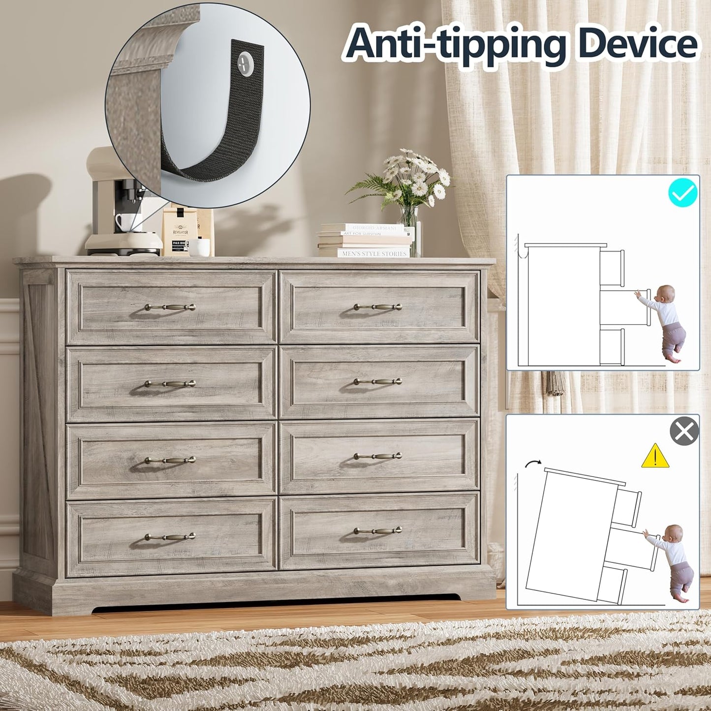 8 Drawer Dresser for Bedroom, 47" Wide Wooden Chest of Drawers, Rustic Farmhouse Dresser with Large Drawers & Metal Handles, Modern Storage Organizer for Closet, Living Room, Hallway, Grey