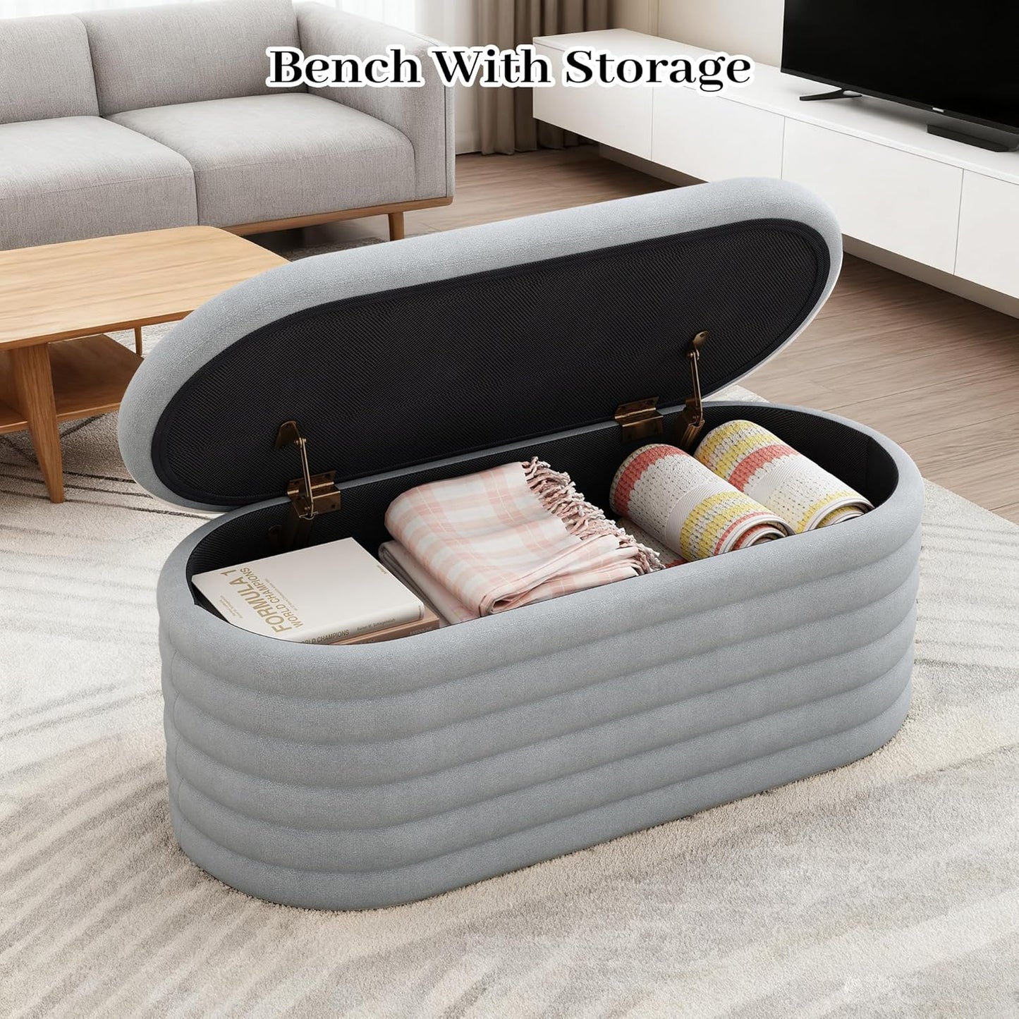 Storage Ottoman Bench, 40" Storage Bench, Upholstered Fabric Storages Benches End of Bed Stool with Safety Hinge, Shoe Storages Benches for Bedroom, Living Room, Entryway, Closet,Light Grey