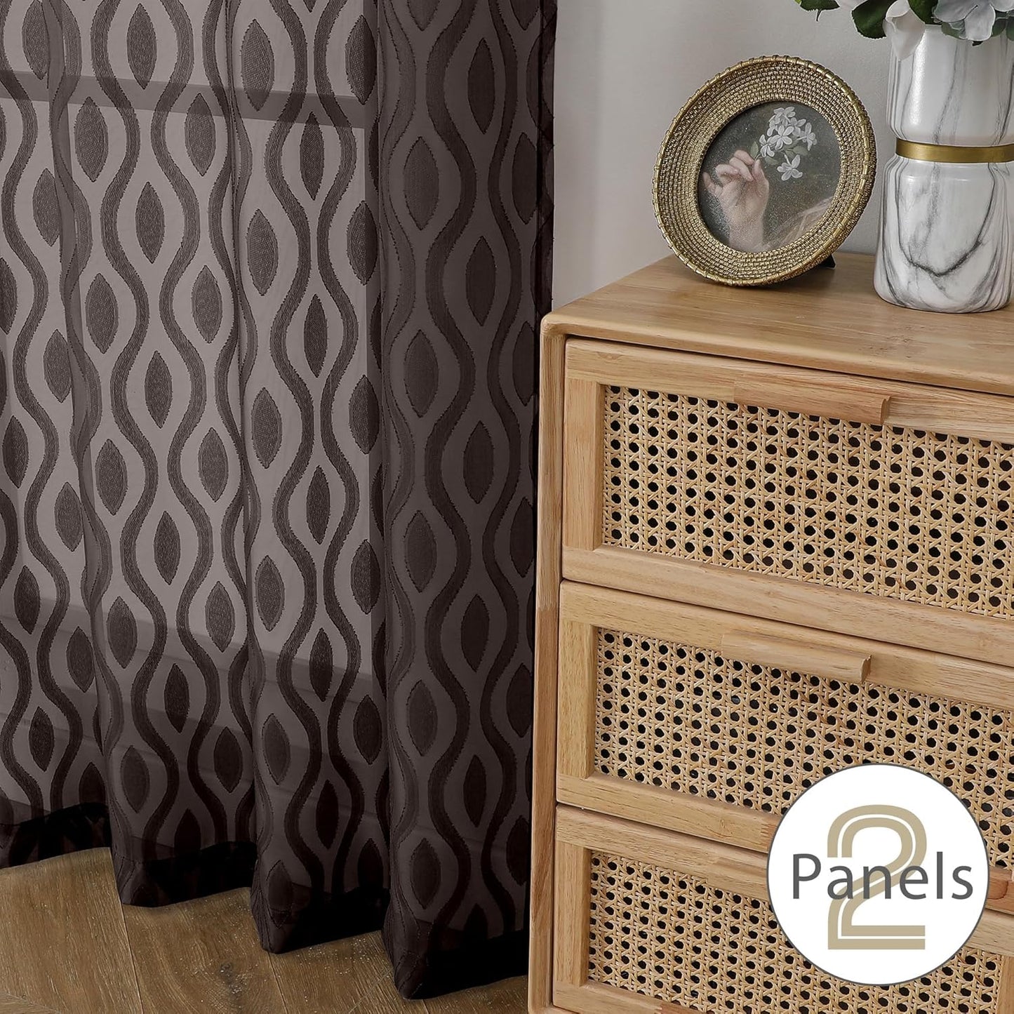 Aiyufeng Sheer Brown Curtains 45 Inch Length 2 Panels Set, Farmhouse Clip Jacquard Textured Short Sheer Curtains, Lightweight Chic Wavy Line Window Curtain Panels for Bedroom, 40" Wx45 L Inches