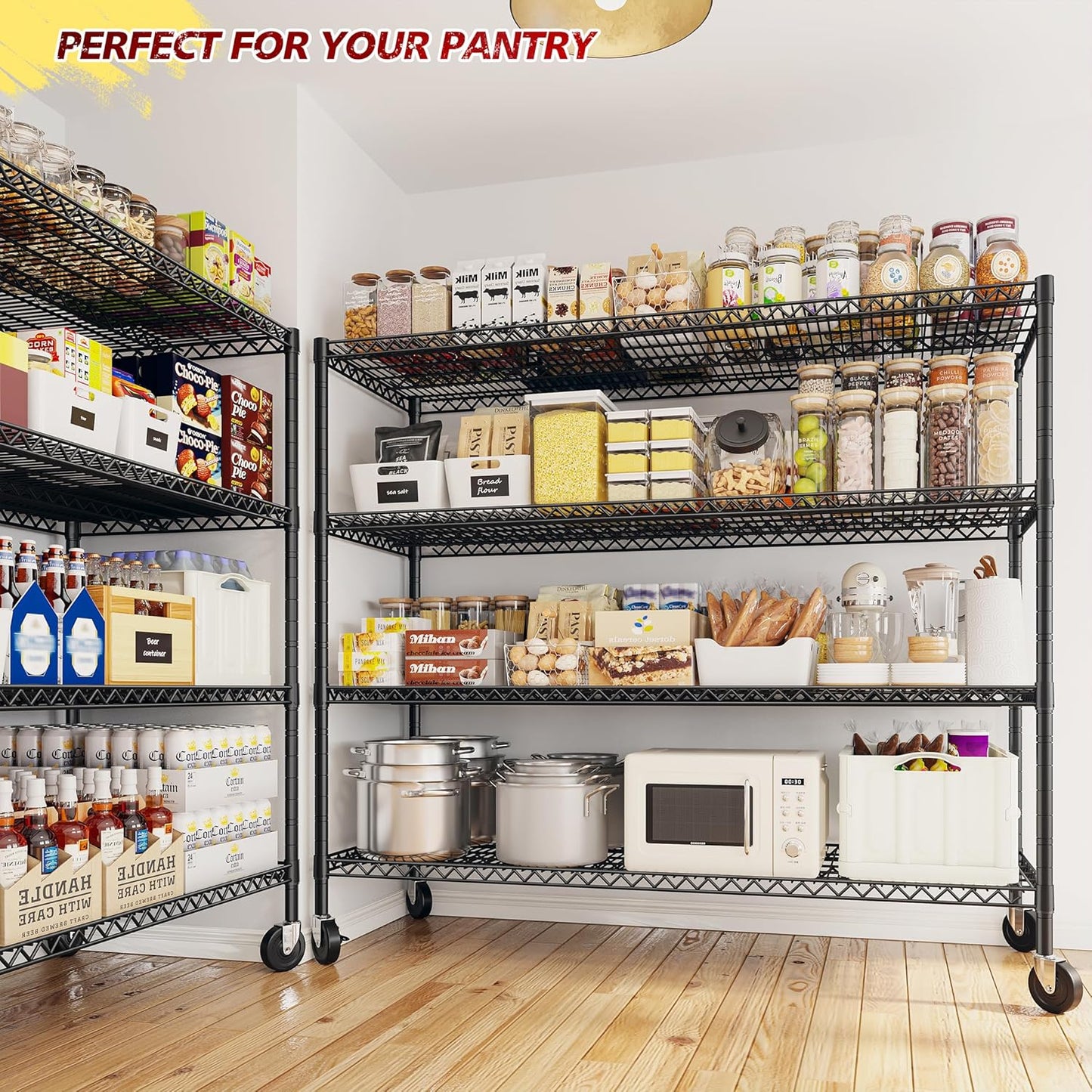 REIBII 75.6" H Storage Shelves 2500LBS Wire Shelving Unit with Wheels Garage Shelving Heavy Duty Metal Shelves for Storage Rack Adjustable Pantry Shelf Commercial Shelving, 75.6" H X 55.5''W X 24" D