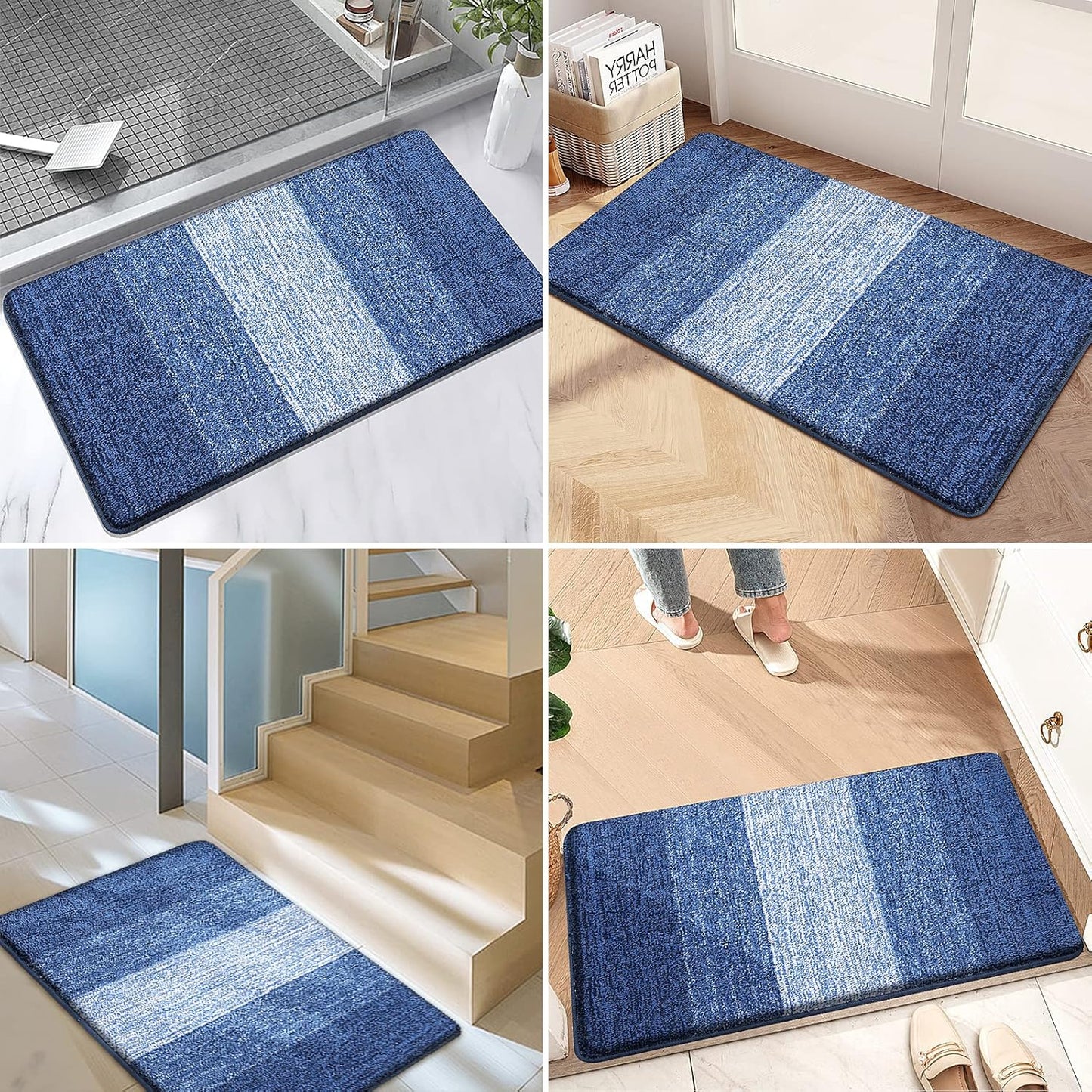 Kitinjoy Indoor Outdoor Door Mat, 48x32 Non-Slip Absorbent Dirt Trapper, Low-Profile Washable Inside Entrance Front Floor Mat, Sturdy Soft Entry Doormats for Entryway, Navy Blue