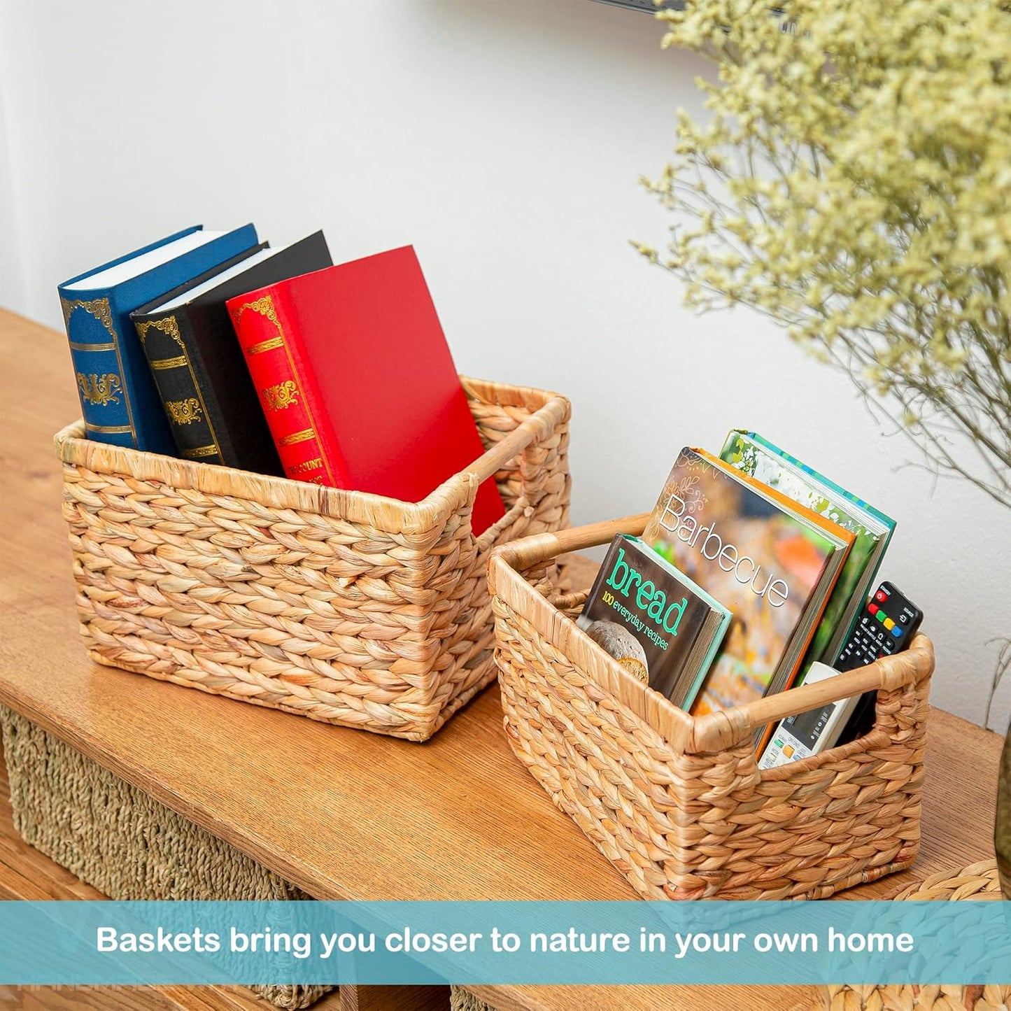 Natural Water Hyacinth storage basket with Handle, Rectangular Organizing Basket for Organizing, Decorative Wicker Storage Bins for Living Room, Medium Wicker Baskets - 3 Pack Medium