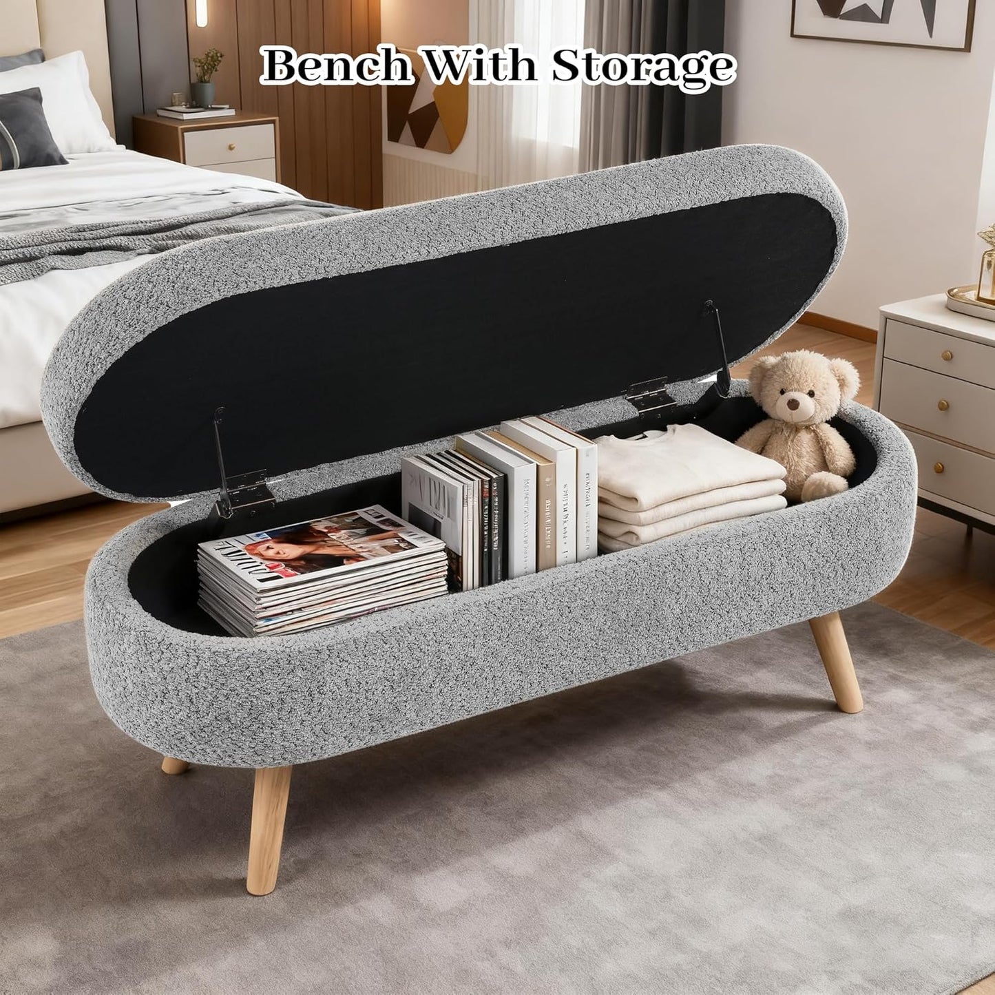 Storage Bench, 43" Storage Ottoman Bench, Shoe Storages Benches for Bedroom, Upholstered Entryway Benches with Seating, Rubber Wood Legs for Bedroom, Living Room, Entryway, Bed Side, Dark Gray