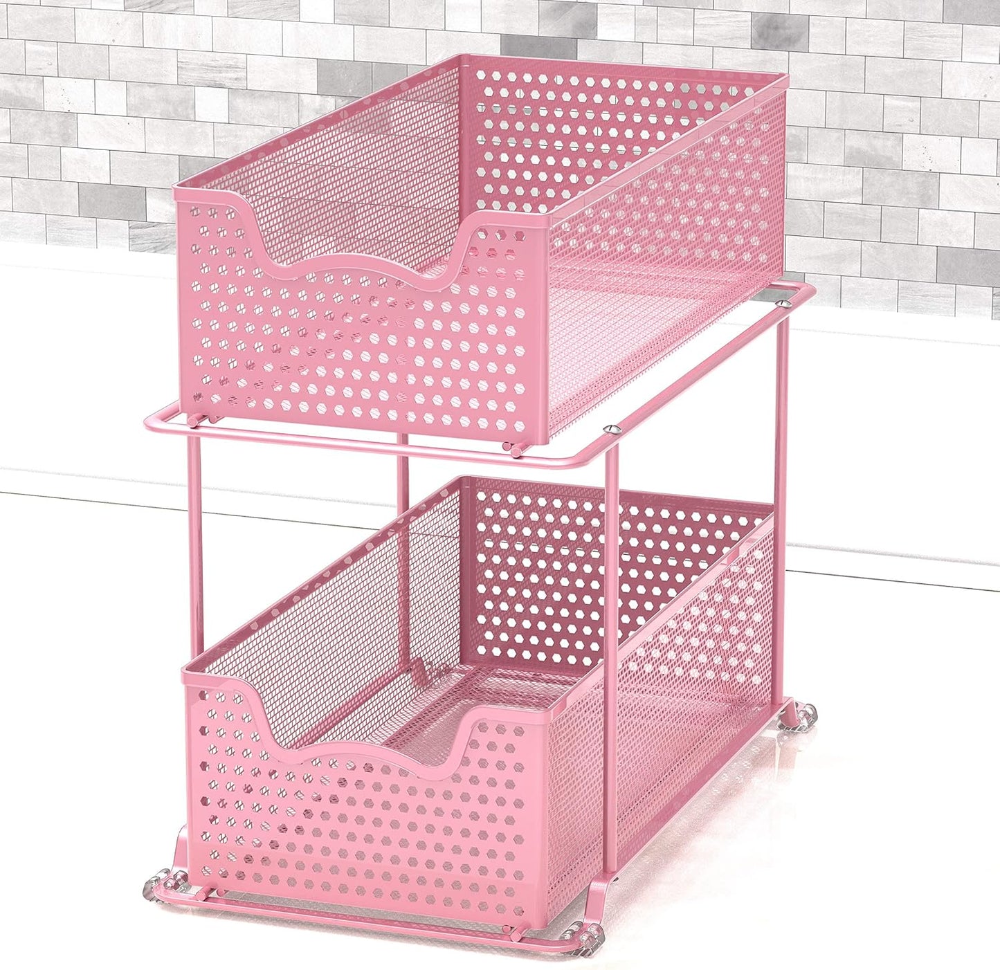 SIMPLE HOUSEWARE 2 Tier Sliding Cabinet Basket Organizer Drawer, Pink