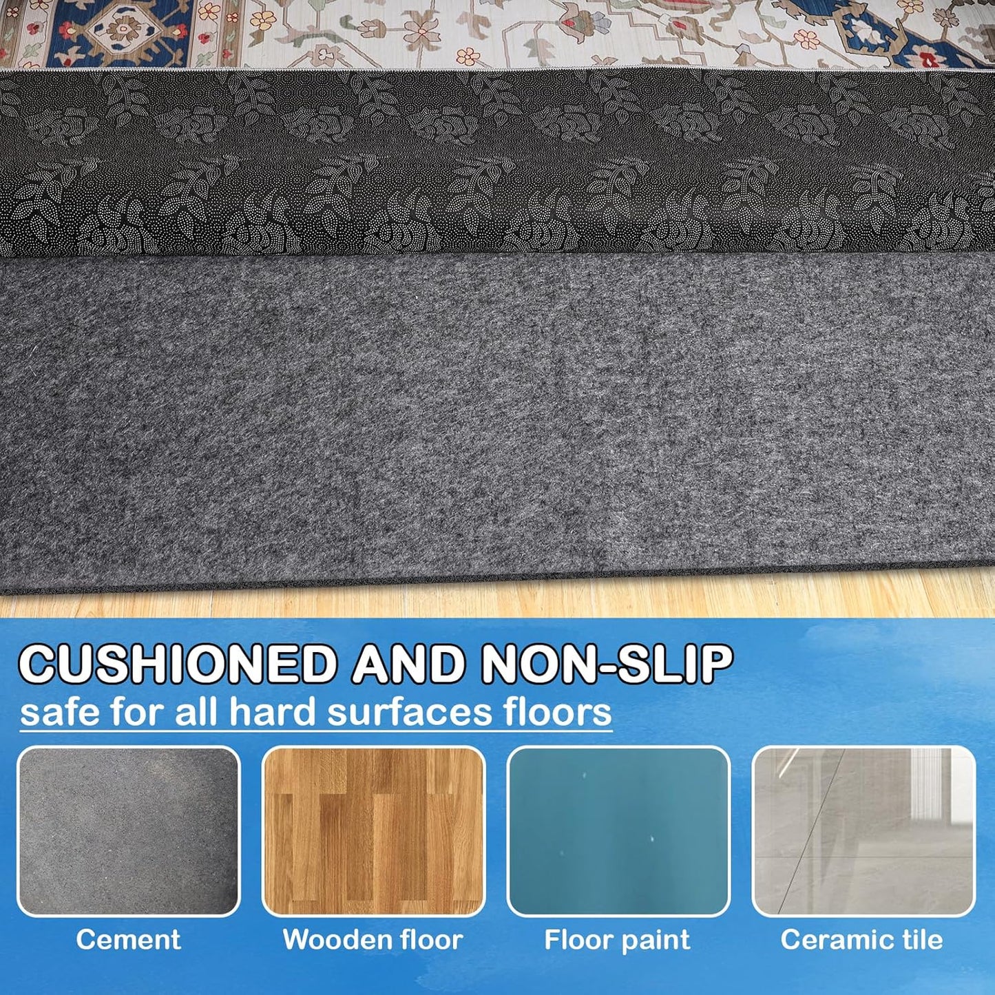 Non-Slip Rug Pads 1/4” Thick, 5x8Ft Waterproof Rugs Non Skid Rug Pad for All Floors and Finishes Durable Hardwood Floor Protective Felt Keeps Rugs in Place, Safe and Secure
