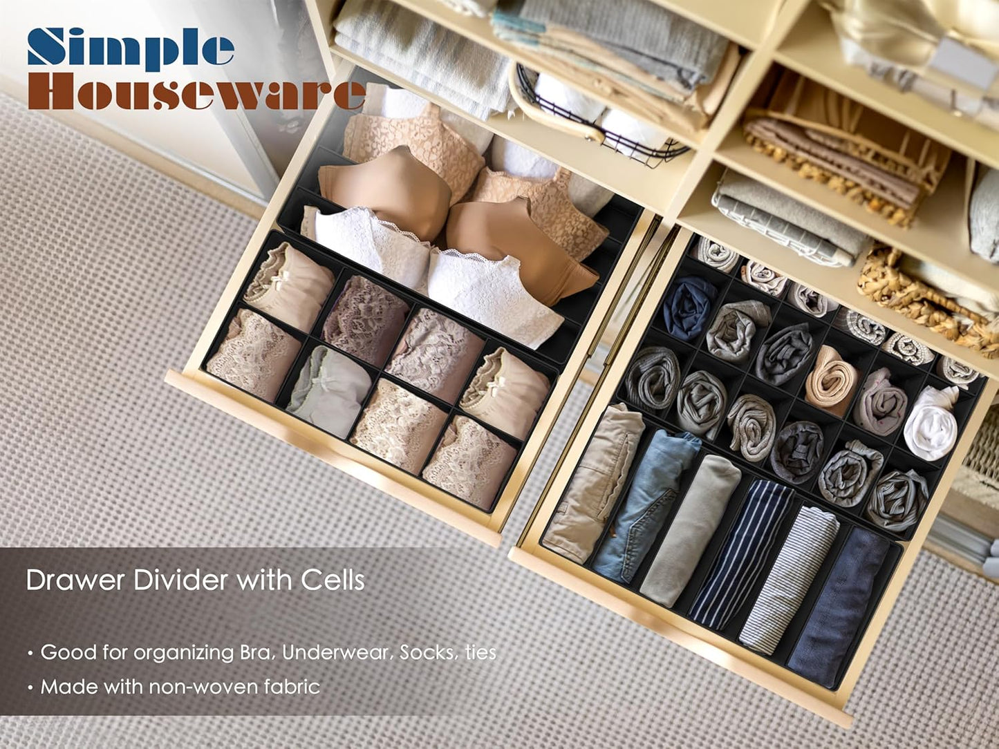 Simple Houseware 4-Pack Drawer Organizer Set - Closet Dividers for Underwear, Socks, Bras, Scarves, Ties - Foldable Non-Woven Storage Boxes, Black