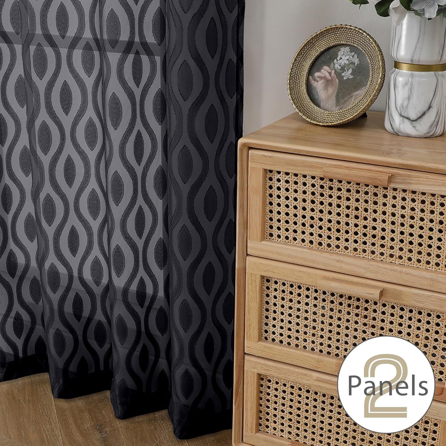 Aiyufeng Black Sheer Curtains 63 Inch Length 2 Panels Set, Solid Airy Light Filtering Voile for Bedroom Living Room, Modern Wavy Line Privacy Farmhouse Curtains, 40" W X 63" L