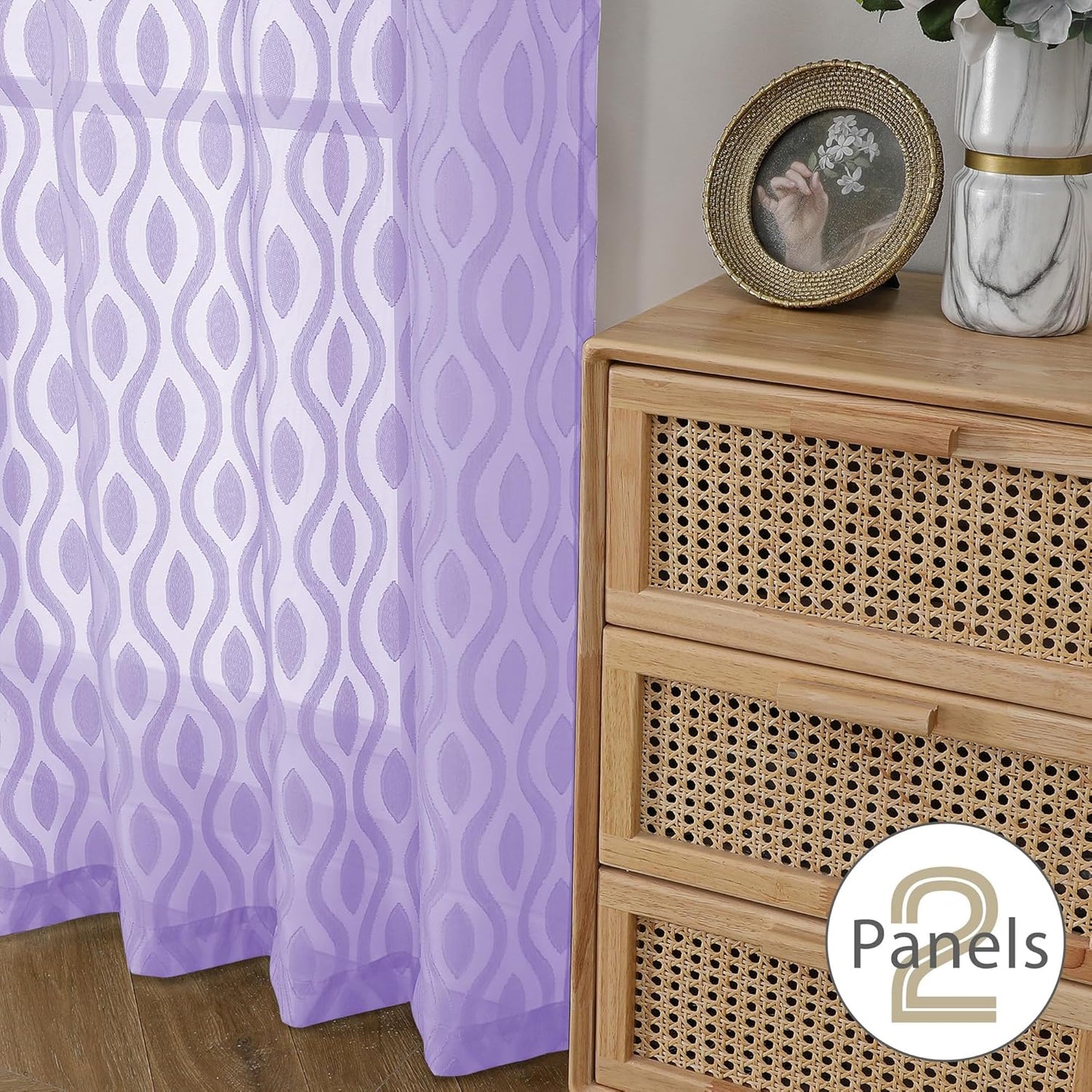 Aiyufeng Lavender Sheer Curtains Tiers 36 Inch Length, Light Filtering Soft Airy Wavy Line Jacquard Textured Short Curtain for Bedroom Bathroom Basement, Dual Rod Pocket, 2 Panels, 40" Wx36 L Inch