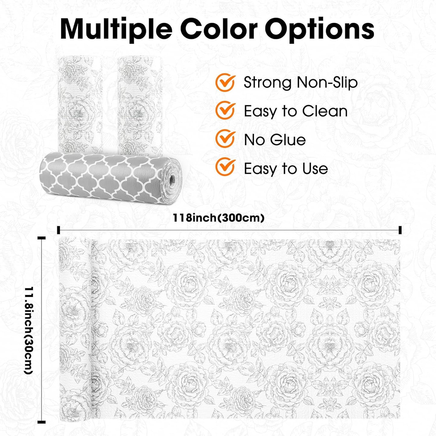 Drawer and Shelf Liner for Kitchen Cabinets Non-Adhesive, Non-Slip Cabinet Liner Shelf Paper Strong Grip Waterproof Easy to Clean for Kitchen Shelves Cupboard, Flower,12IN X 10FT