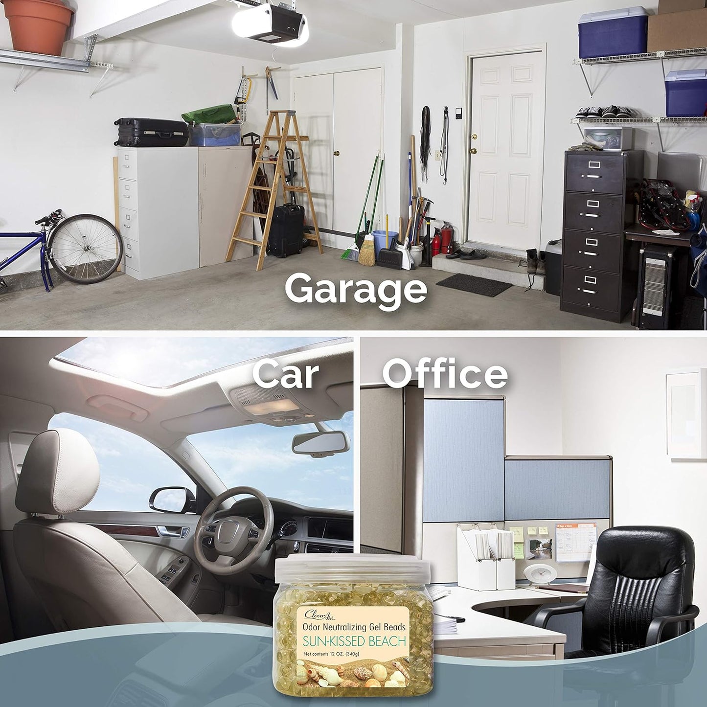 Clear Air Odor Eliminator Gel Beads - 12 oz, Pack of 2 - Air Freshener Made with Essential Oils - Eliminates Odors in Bathrooms, Cars, Boats, RVs & Pet Areas - Sun-Kissed Beach Scent