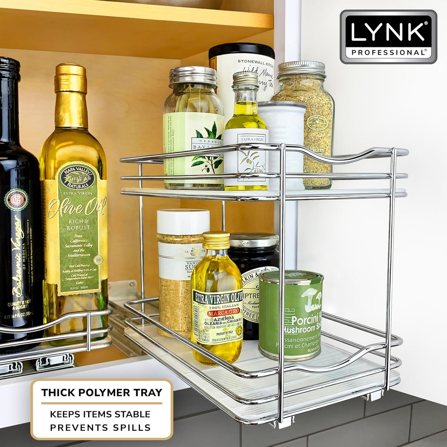 LYNK PROFESSIONAL® Pull Out Spice Rack Organizer for Inside Kitchen Cabinets - 6-1/4 inch Wide - Slide Out Drawer – Chrome Sliding Spice Cabinet Organization Shelf Racks - 2 Tier