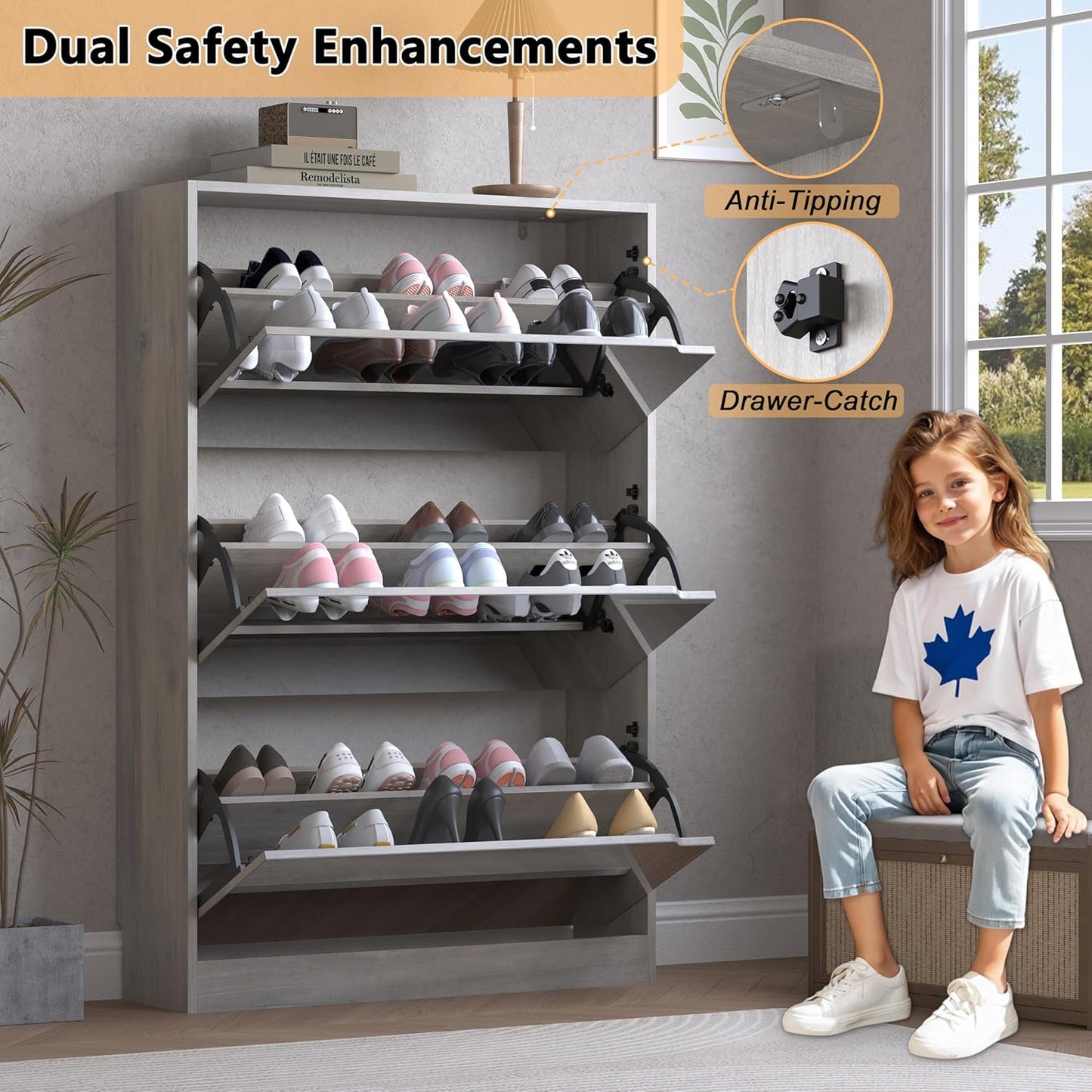 Shoe Cabinet with 3-Flip Mirror Drawers, Freestanding Shoe Rack Organizer with Hidden Handle, Slim Narrow Shoe Storage Cabinet for Entryway, Entrance, Hallway, Bedroom