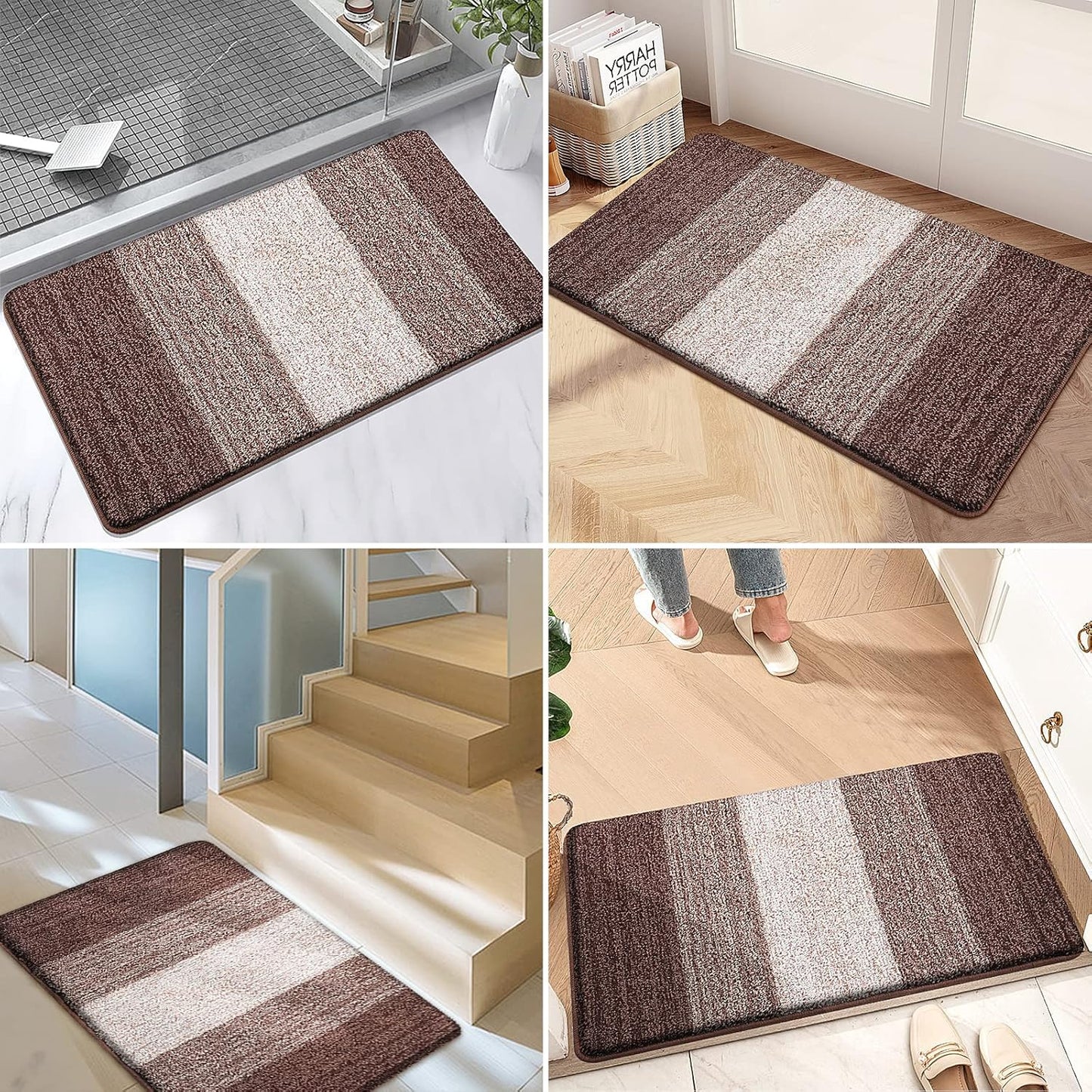 Kitinjoy Indoor Outdoor Door Mat, 30x17 Non-Slip Absorbent Dirt Trapper, Low-Profile Washable Inside Entrance Front Floor Mat, Sturdy Soft Entry Doormats for Entryway, Brown