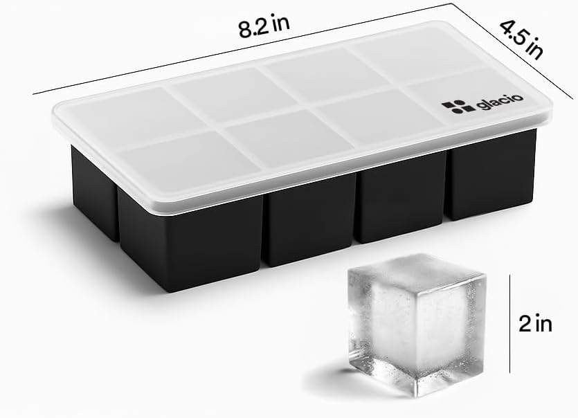 glacio Ice Cube Molds – 2-Pack Silicone Trays for 8 Large Square Cubes – Slow-Melt Ice for Whiskey, Cocktails, Coffee & More