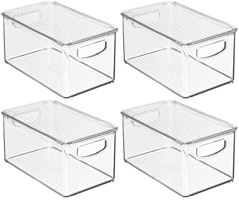 mDesign Plastic Deep Storage Bin Box Container with Lid and Built-In Handles - Organization for Fruit, Snacks, or Food in Kitchen Pantry, Cabinet, or Cupboard, Ligne Collection, 4 Pack, Clear