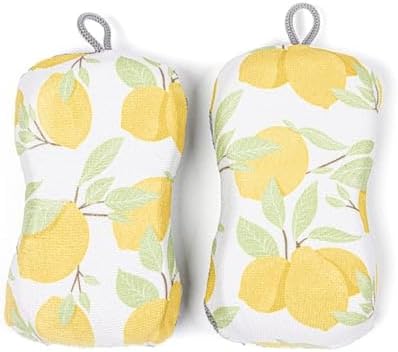 MÜkitchen Premium Microfiber Sponge Set for Dishes and Cleaning, 2 Pack, Printed (Lemon Tree)