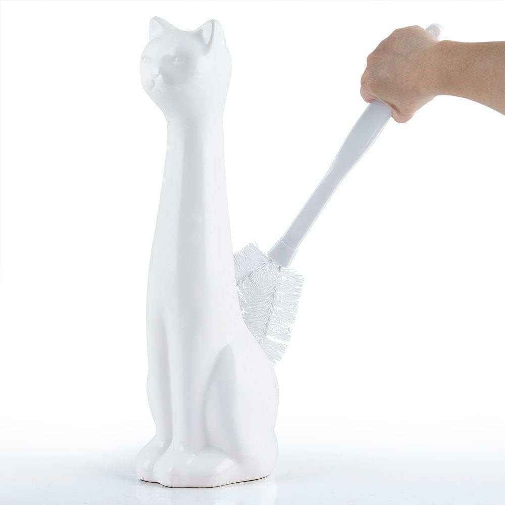 Allure Home Creation Cat 3-Piece Ceramic Toilet Brush Holder & Soap Dispenser - White Plastic Scrub Brush Included