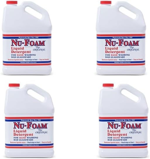 Nu-Foam Liquid Detergent for Bar Glassware – Original Streak-Free Solution - Hand Washing Bar, Tavern, Brewery Supplies - Spotless Serving Glasses - Concentrated- Easy On Hands - 1 Gallon- 4 Pack Case