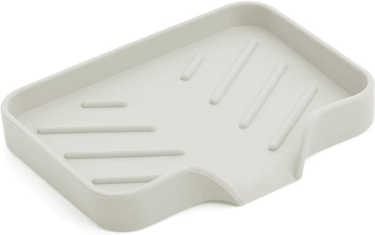 Sponge Holder with Drain Spout, Silicone Sponge Tray for Kitchen Sink, Rubber Soap Dish for Shower Bathroom (Beige, 4.7" x 3.6")