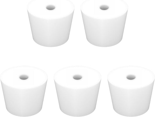 Labasics 5-Pack 9# Single-Hole Silicone Stoppers, White Tapered Lab Seal Stoppers with 0.31" Hole, Durable and Reusable Silicone Plugs for Laboratory Glassware, Airtight Sealing, and Experiments
