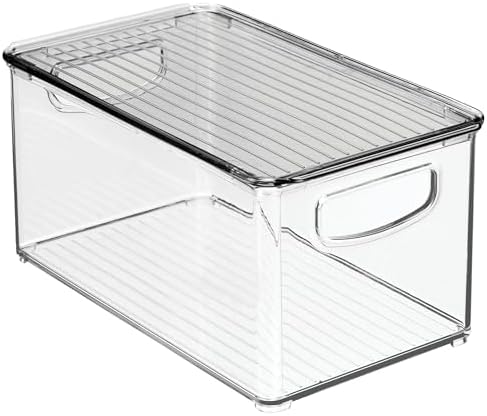 mDesign Plastic Deep Storage Bin Box Container with Lid and Built-In Handles - Organization for Fruit, Snacks, or Food in Kitchen Pantry, Cabinet, Cupboard, Ligne Collection, 4 Pack, Clear/Smoke Gray