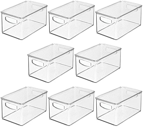 mDesign Plastic Deep Storage Bin Box Container with Lid and Built-In Handles - Organization for Fruit, Snacks, or Food in Kitchen Pantry, Cabinet, or Cupboard, Ligne Collection, 8 Pack, Clear