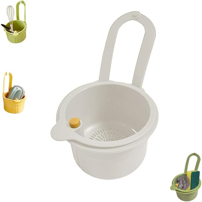 Sink Strainer Basket, Hanging Kitchen Sink Strainer Basket, Press to Dump, Easy Installation, Food Fruit & Vegetable Drainer Rack, Corner Waste Collector (White)