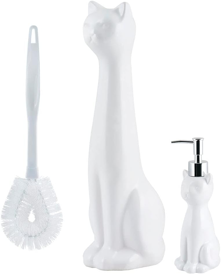 Allure Home Creation Cat 3-Piece Ceramic Toilet Brush Holder & Soap Dispenser - White Plastic Scrub Brush Included