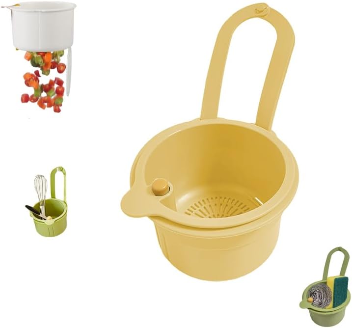 Sink Strainer Basket, Hanging Kitchen Sink Strainer Basket, Press to Dump, Easy Installation, Food Fruit & Vegetable Drainer Rack, Corner Waste Collector (Yellow)