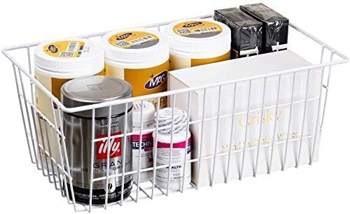 Slideep Freezer Baskets Farmhouse Organizer Storage Basket with Handles, Food Storage Bin for Kitchen Cabinets, Pantry, Closet, Bedroom, Bathroom, Office, 2 Pack, White